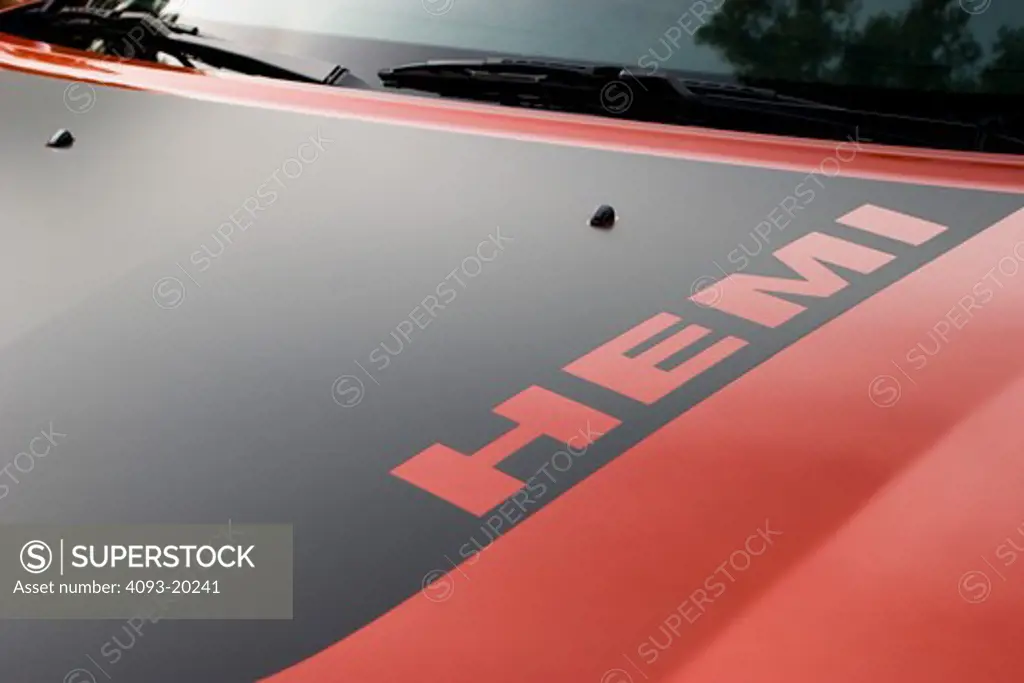 detail,2006 Dodge Charger Daytona R/T orange black hood