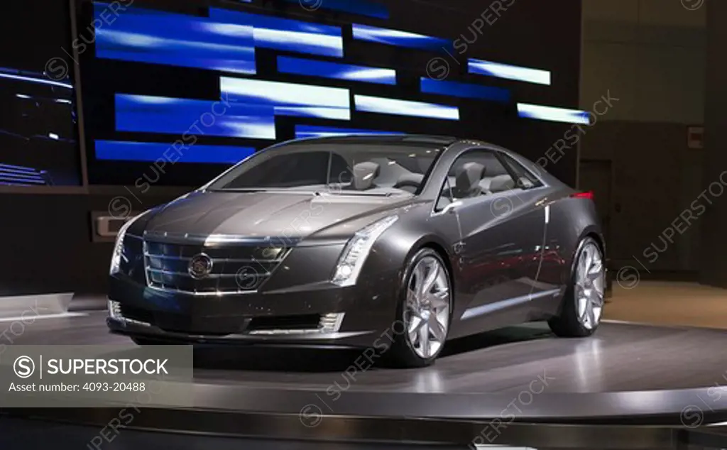 Front 3/4 view of the Cadillac Converj concept show car. Los Angeles International Auto Show