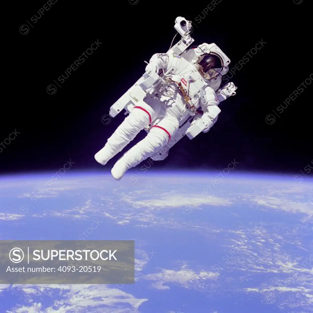 Mission Specialist Bruce McCandless II ventured further away from the confines and safety of his ship than any previous astronaut ever has. This space first was made possible by the Manned Manuevering Unit or MMU, a nitrogen jet propelled backpack.