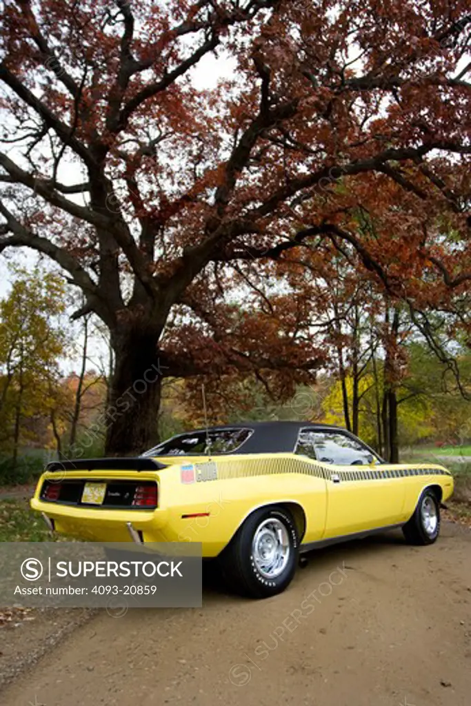 1970 plymouth AAR barracuda on a country road.