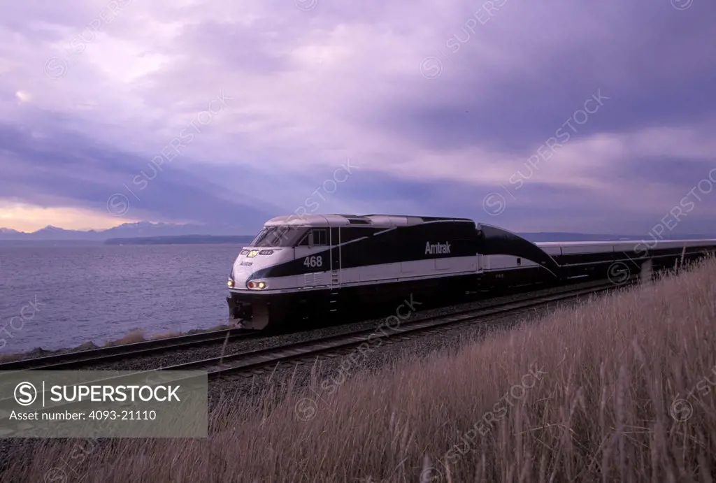 Amtrak Cascades 468 Talgo F59 passenger diesel powered electric locomotive coast street