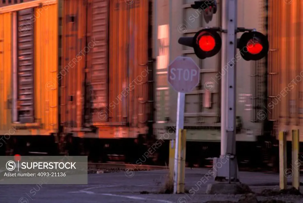 detail freight cars crossing signal stop street