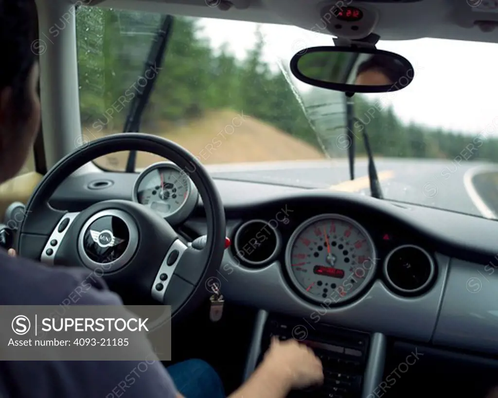 interior detail MINI Cooper 2002 windshield wipers hand gear shift steering wheel gauges speedometer street
