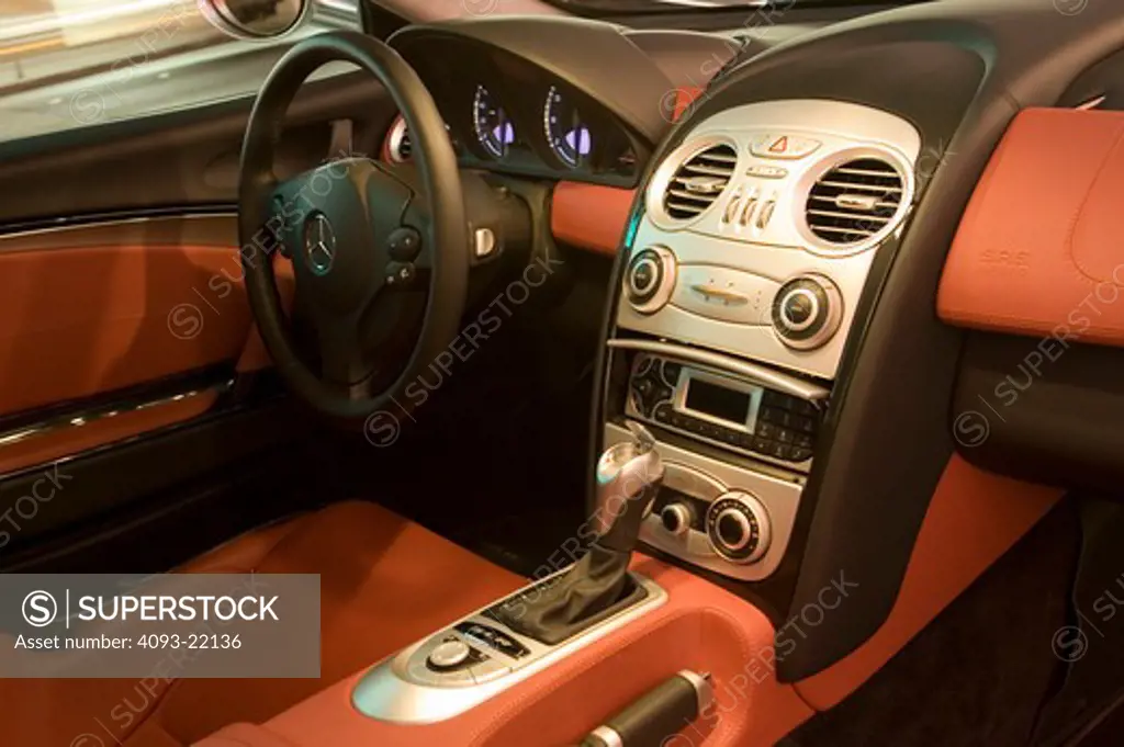 interior Mercedes Benz SLR McLaren 2005 steering wheel controls vents black red silver