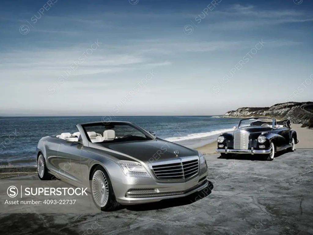 The Mercedes-Benz Ocean Drive is a concept car introduced in 2007. The car is built on the S600 sedan chassis. It's a four door convertible with a soft top. It's not known whether the car will be produced. In the background is the historically significant 1953 Mercedes-Benz 300 Cabriolet. Like the Ocean Drive concept it was also a four door convertible.