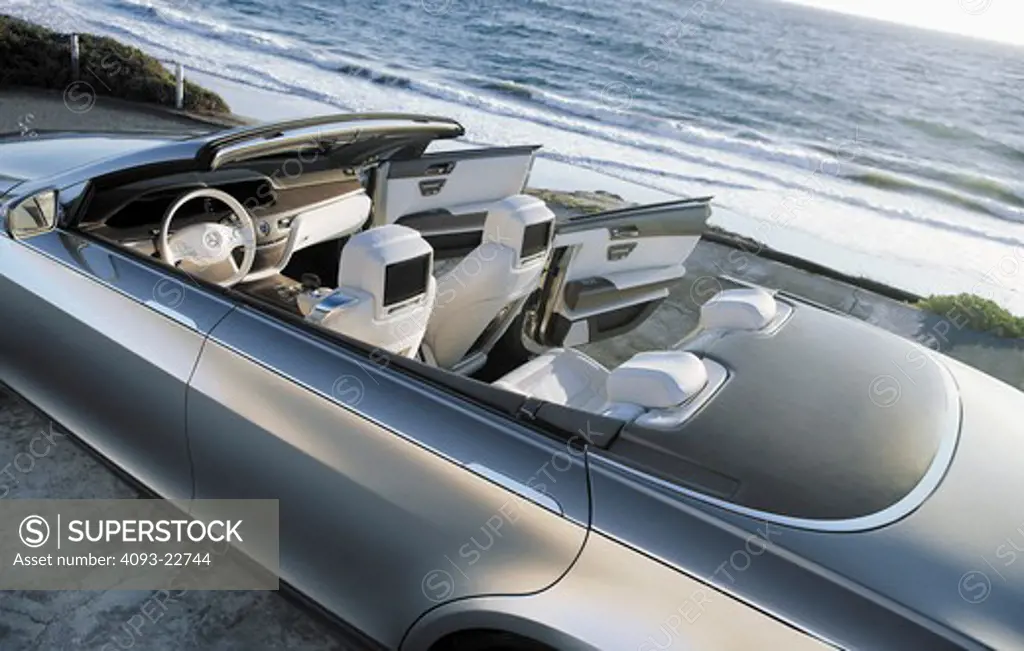 The Mercedes-Benz Ocean Drive is a concept car introduced in 2007. The car is built on the S600 sedan chassis. It's a four door convertible with a soft top. It's not known whether the car will be produced. Overhead view with the top down showing the interior with the doors open.