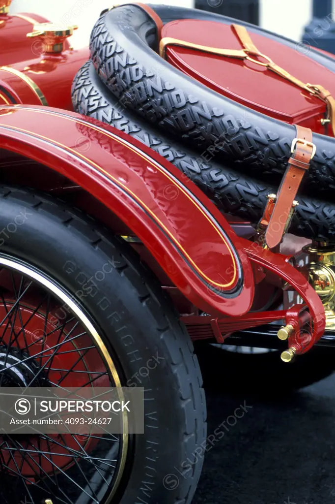 detail 1920s red spare tires fender wire wheel