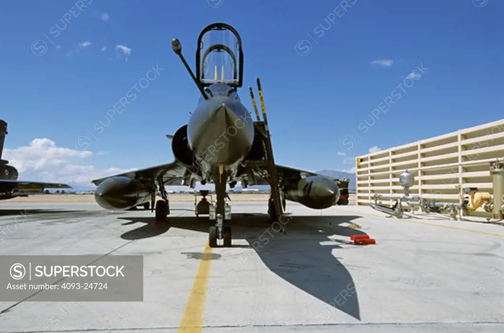 French Air Force Dassualt MFG  Mirage 2000 fighter-bomber loading 500 pound bombs/ordnance. Taking part in Red Flag exercises at Nellis Air Force Base  Las Vegas  NV