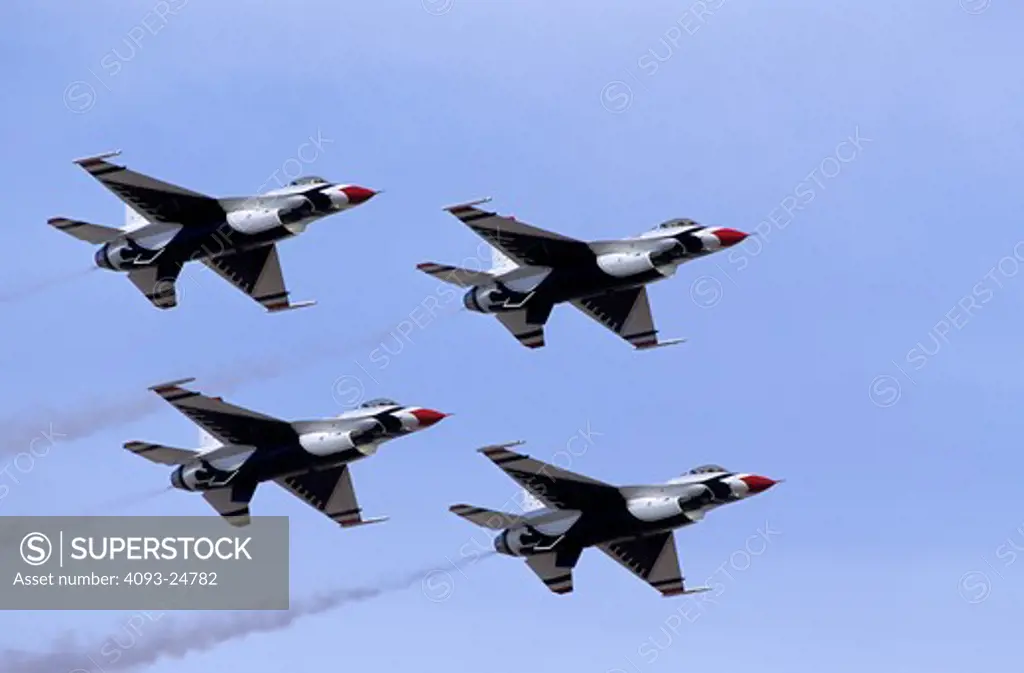 USAF Thunderbirds Flight Demonstration Team four-ship diamond. Team based at Nellis AFB, NV.