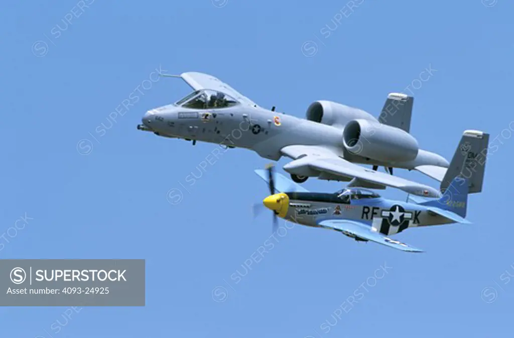 USAF Heritage Flight with A-10 Thunderbolt II modern jet attack and WWII vintage propeller North American P-51 Mustang with Rolls Royce Merlin engine.