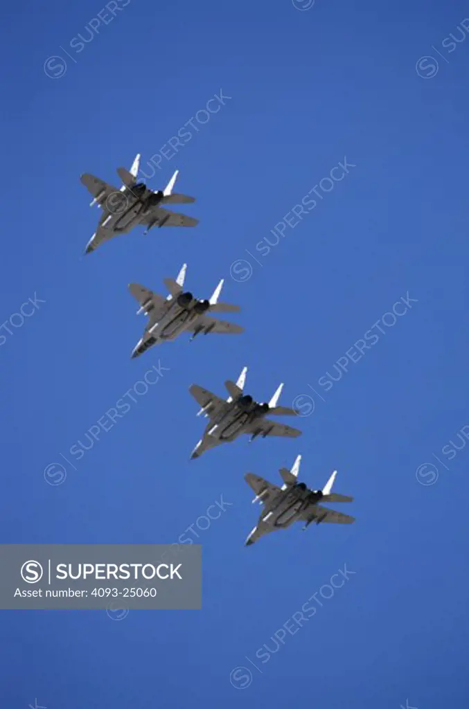 A four ship formation of German Air Force (Luftwaffe) Mig-29 Fulcrums returns from Red Flag exercise mission with ordnance  Nellis AFB  NV