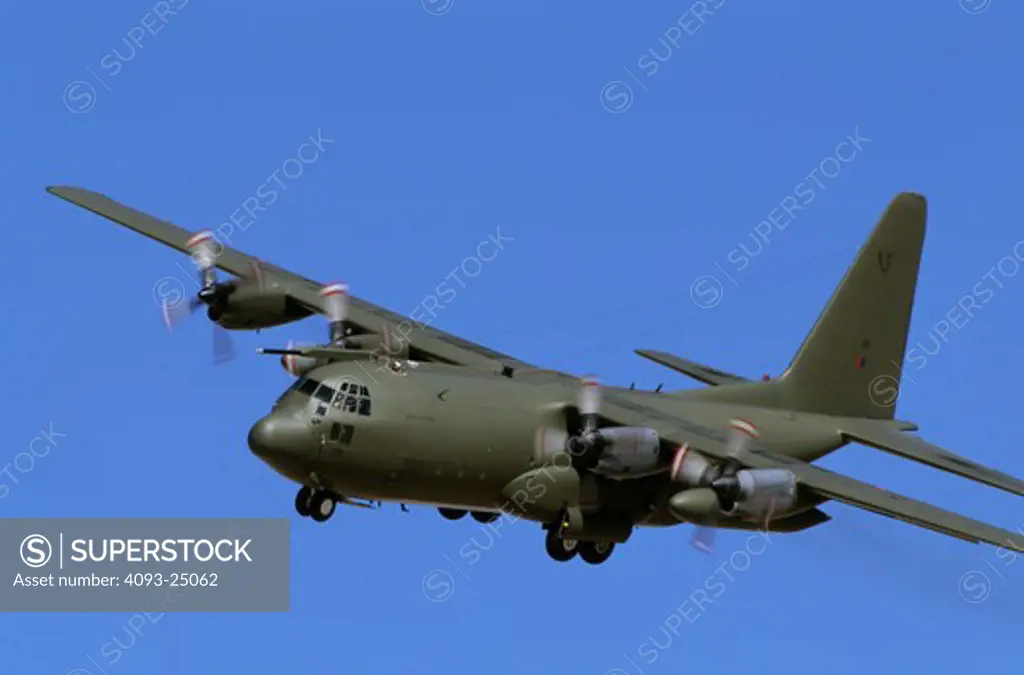 A British Royal Air Force (RAF) Lockheed C-130 Hercules turns for final approach to landing at Nellis AFB. The Lockheed C-130 Hercules is a four-engine turboprop cargo aircraft and the main tactical airlifter for many military forces worldwide. Over 40 models and variants of the Hercules serve with more than 50 nations. short takeoffs and landings from unprepared runways, the C-130 was originally designed as a troop, medical evacuation and cargo transport aircraft. The versatile airframe has fou