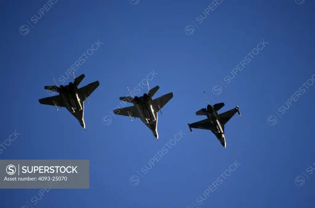 A two ship formation of German Air Force (Luftwaffe) Mig-29 Fulcrum with a USAF F-16 Fighting Falcon Aggressor of the 64th Aggressor Squadron escort  returns from Red Flag exercise mission with ordnance  Nellis AFB  NV.