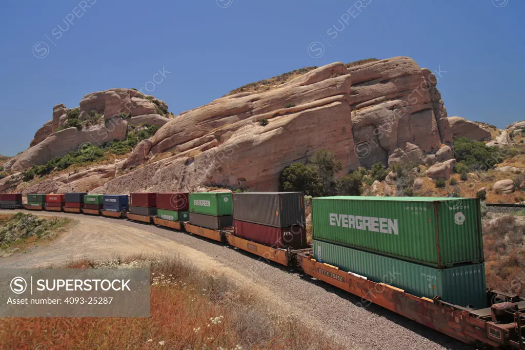 A double stack container train makes it way up the Cajon Pass on the BNSF Railway
