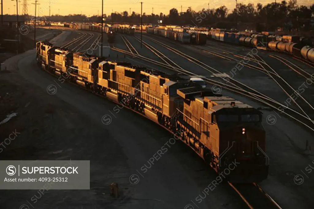 Diesel locomotives move through Union Pacific's West Colton freight yards in Colton California on their way to their next assignment.