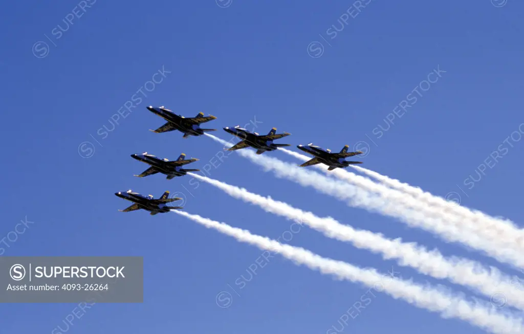 Military Jets Fixed Wing Boeing Aviat Airplanes Blue Angels USN U.S. Navy F/A-18 Hornet flight demonstration squadron aerobatic performance flying team air show formation smoke sky underneath