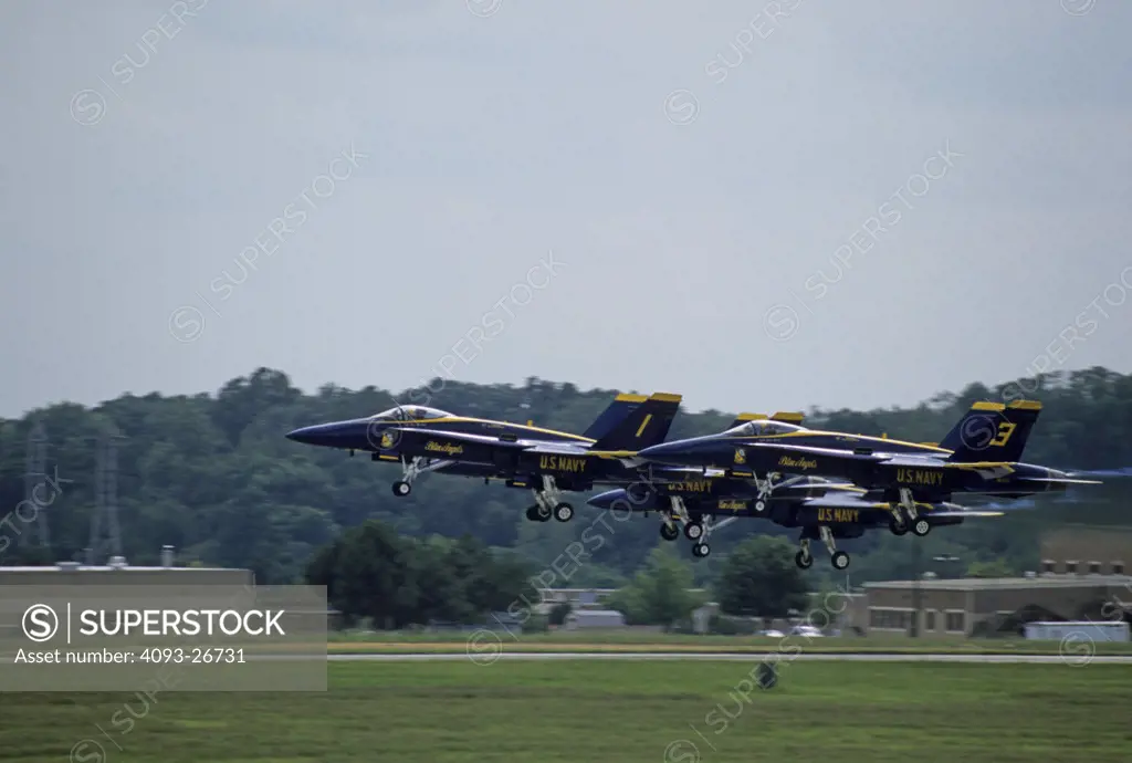 Military McDonnell Douglas Jets Fixed Wing Aviat FA-18 Hornet Blue Angels Navy formation takeoff landing