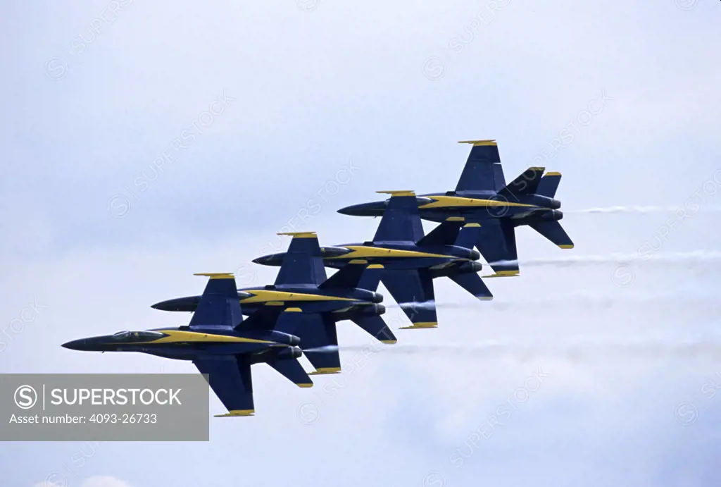 high angle Military McDonnell Douglas Jets Fixed Wing Aviat FA-18 Hornet Blue Angels Navy formation smoke
