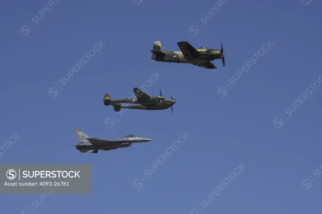 USAF Heritage Flight, F-16 Fighting Falcon, P38 Lightning, A1D Skyraider, Blue Sky