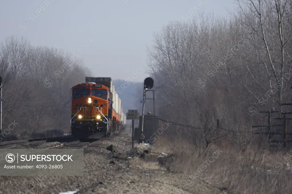 BNSF7536 Double Stack Train, General Electric ES44DC, country setting,