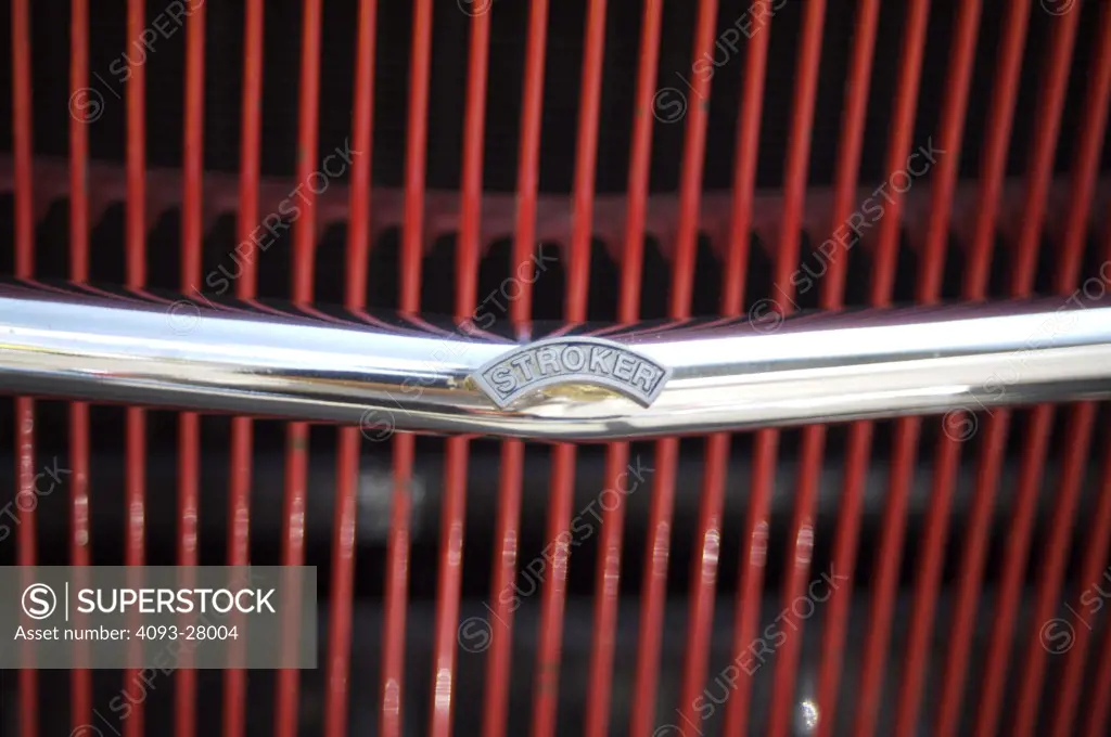 A close up detail shot of a 1930's Chevrolet hot rod engine grill