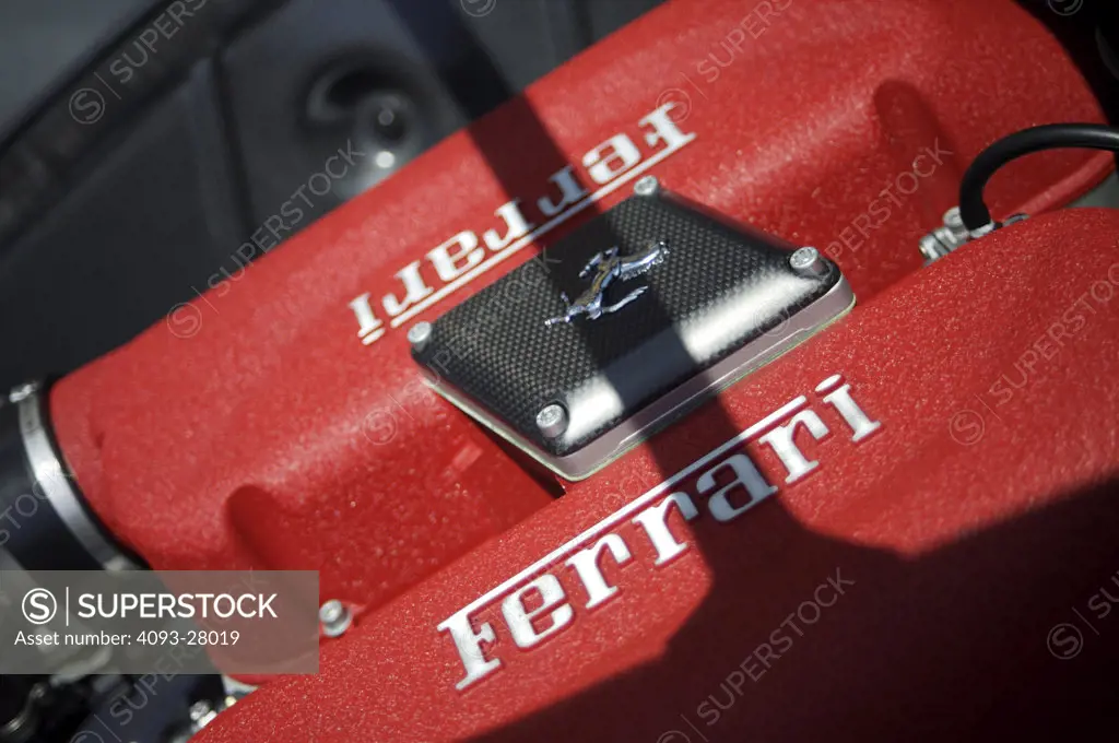 A close up detail shot of a 2006 Ferrari 430 Scuderia engine
