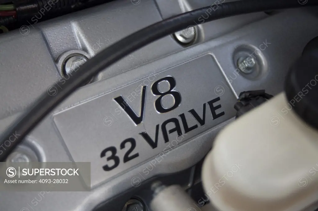 A close up detail shot of a Panoz Esperante V8 32 valve engine