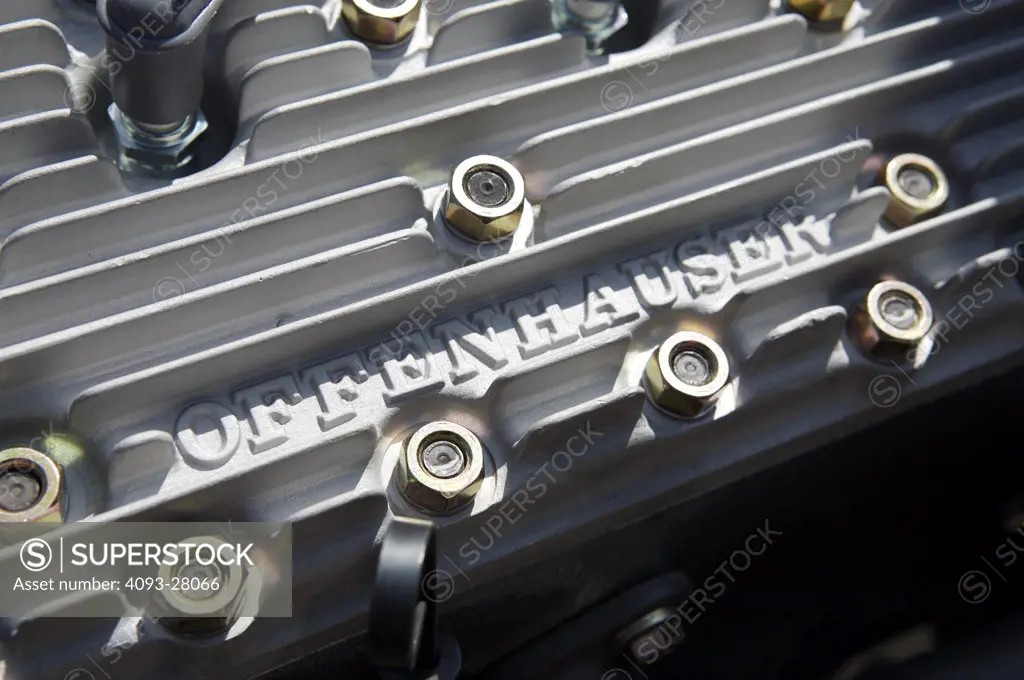 A close up detail shot of a Offenhauser engine