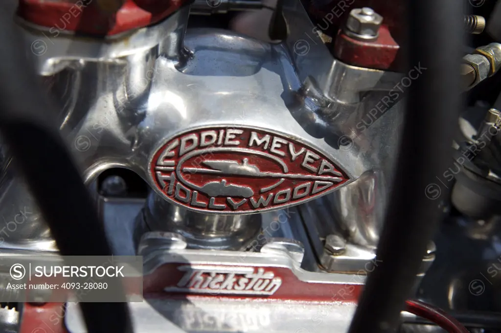 A close up detail shot of an old Eddie Meyer Hollywood Thickstun engine