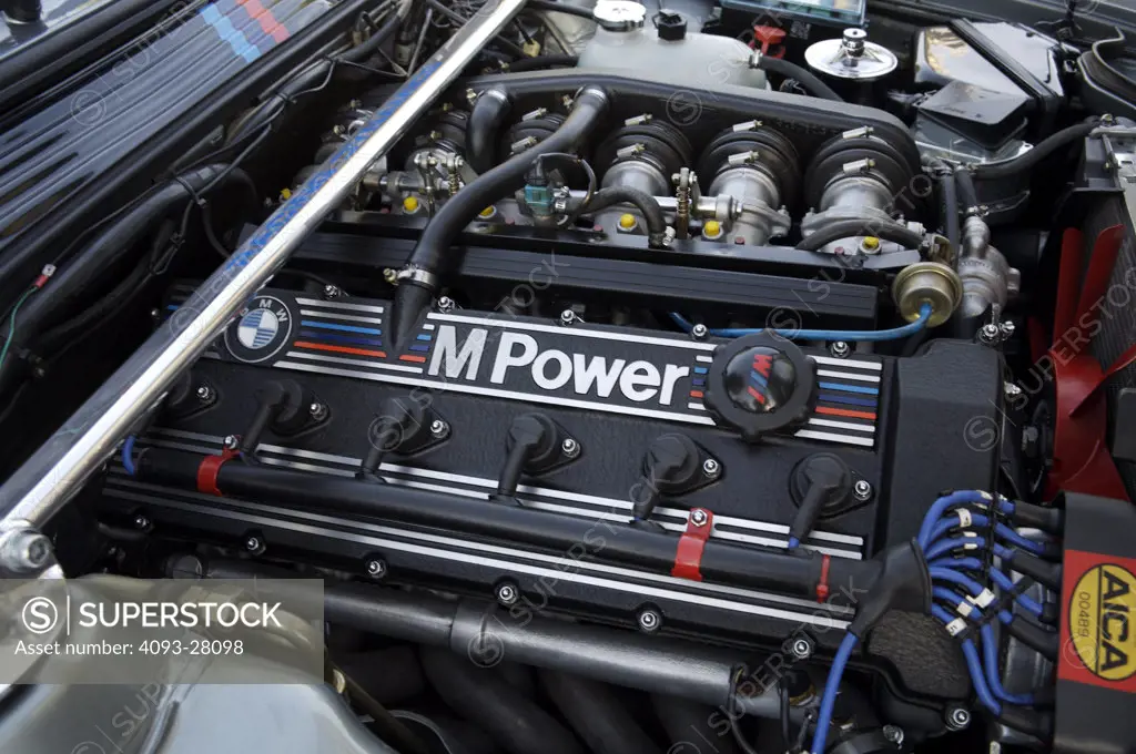 A close up detail shot of a BMW M series engine