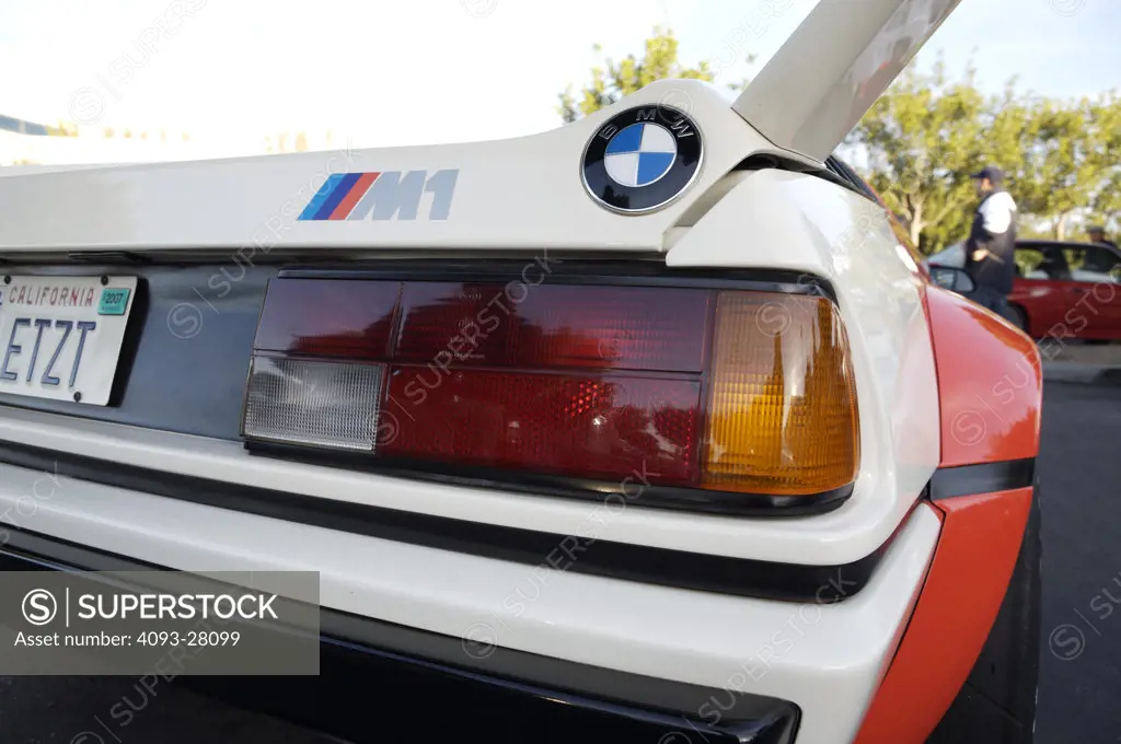 A close up detail shot of a BMW 1971 M1 rear tail and spoiler or wing