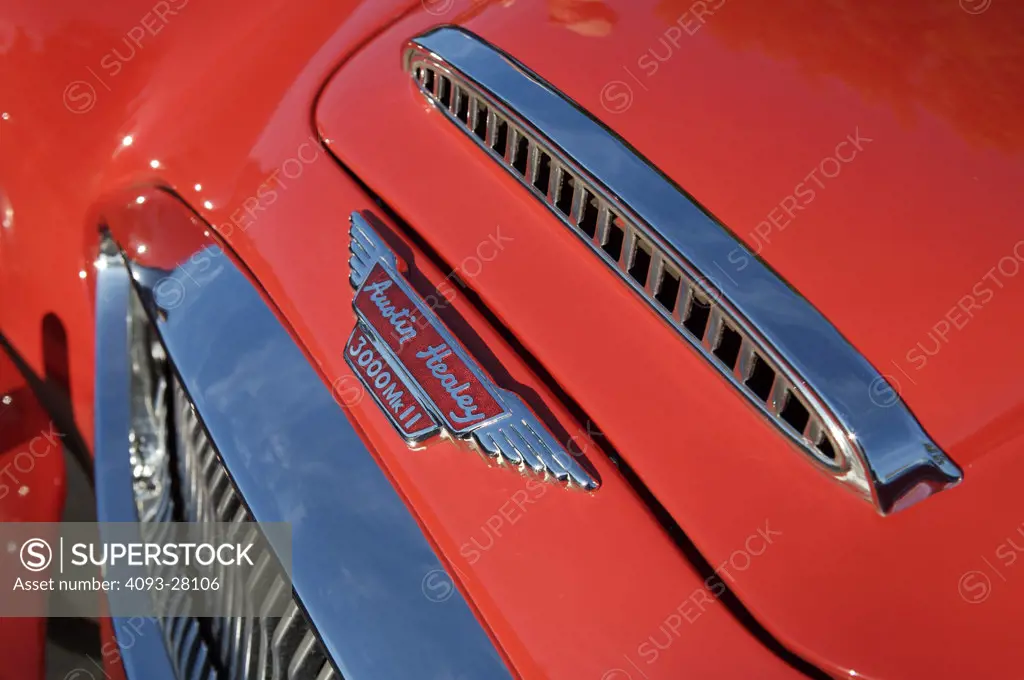 A close up detail shot of a 1964 Austin Healey 3000MKII hood and grill