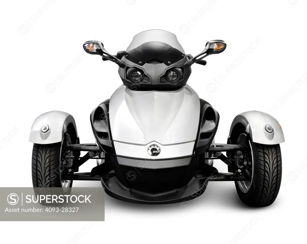 Straight on nose view of a white 2009 BRP Can-Am Spyder Roadster three-wheeled vehicle in the studio