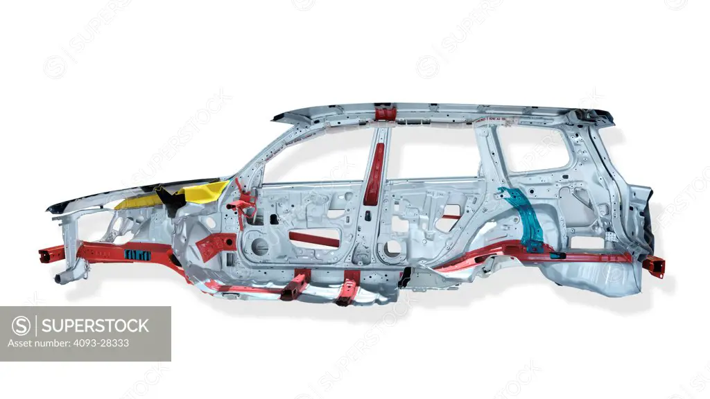 Profile, internal, cross section of a 2009 Subaru Forester automobile body showing safety features, reinforced frame and air bags