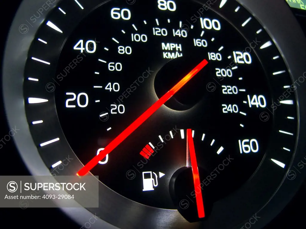 2011 Volvo C70 instrument panel, speedometer and fuel gauge.