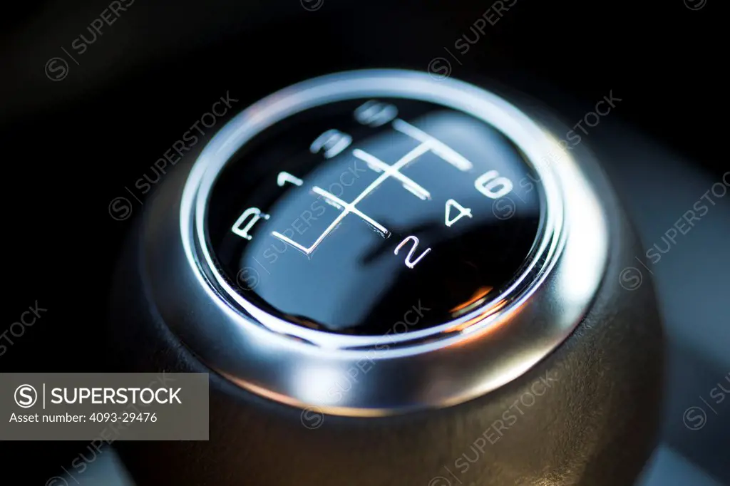 Interior detail of a 2012 Audi S4 showing the shift pattern on the six gear manual transmission gear shift lever.
