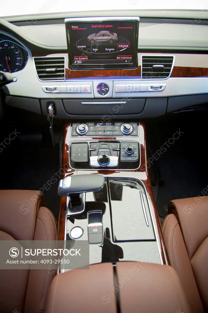 Interior detail of a 2012 Audi A8 showing the center console.
