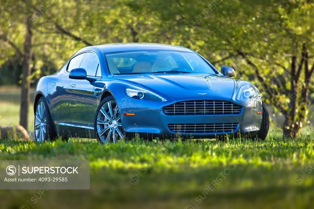 Static front 3/4 view of a blue 2012 Aston Martin Rapide parked on grass with trees nearby.