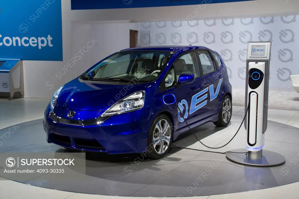 Front 3/4 static of a blue Honda EV electric vehicle concept at the 2010 Los Angeles Auto Show