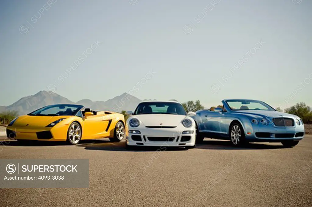 2009 Lamborghini Gallardo Spyder, Bentley GTC, Porsche GT3 parked together
