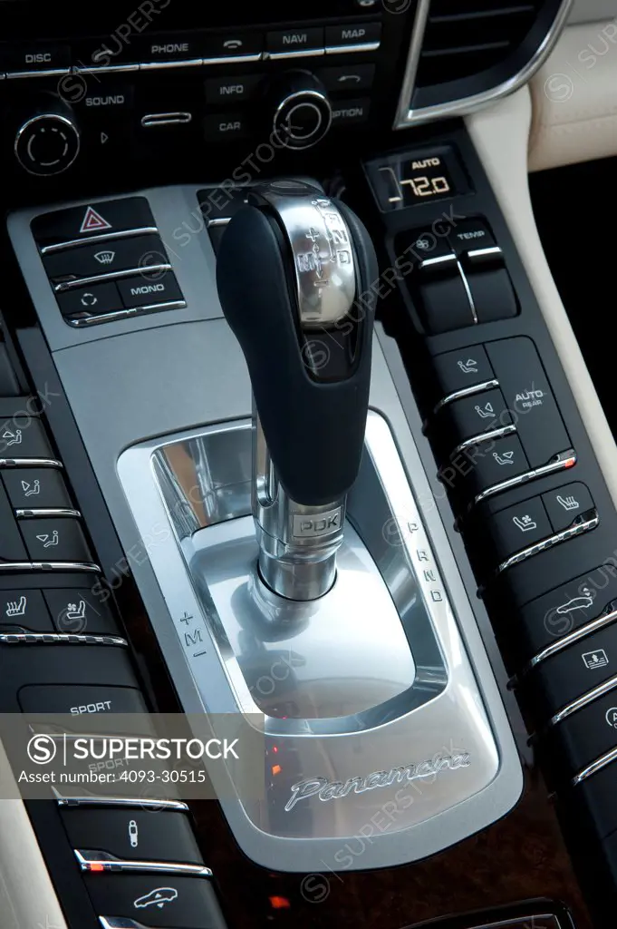 2010 Porsche Panamera Turbo showing the shifter and other buttons in the center console