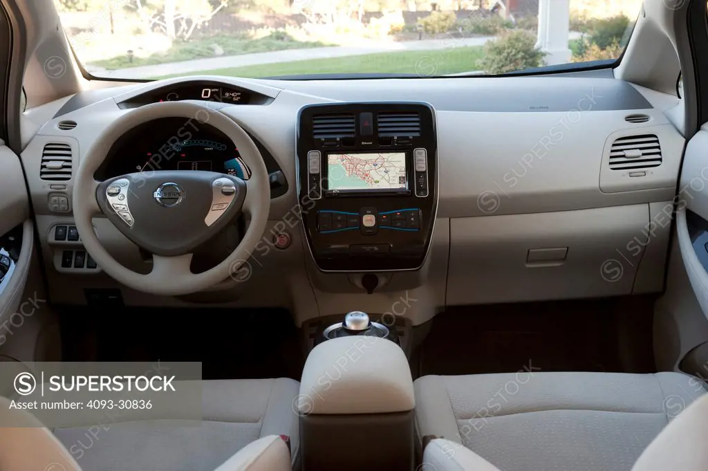 2011 Nissan Leaf, interior view, of steering wheel, dashboard and front seats