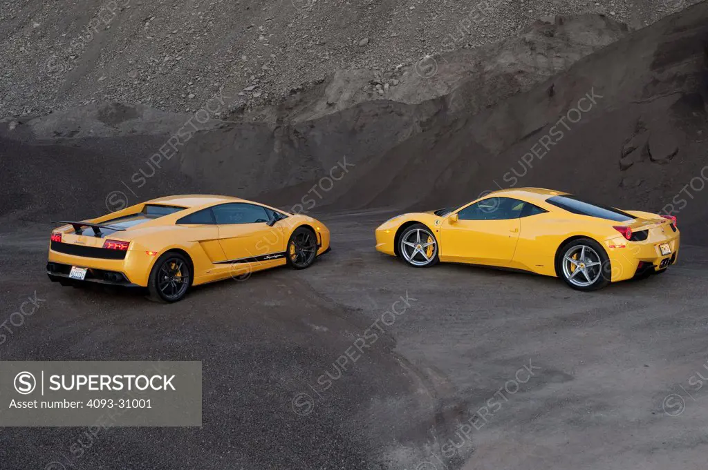 2011 Ferrari 458 Italia and Lamborghini,LP570-4 in quarry, rear 7/8