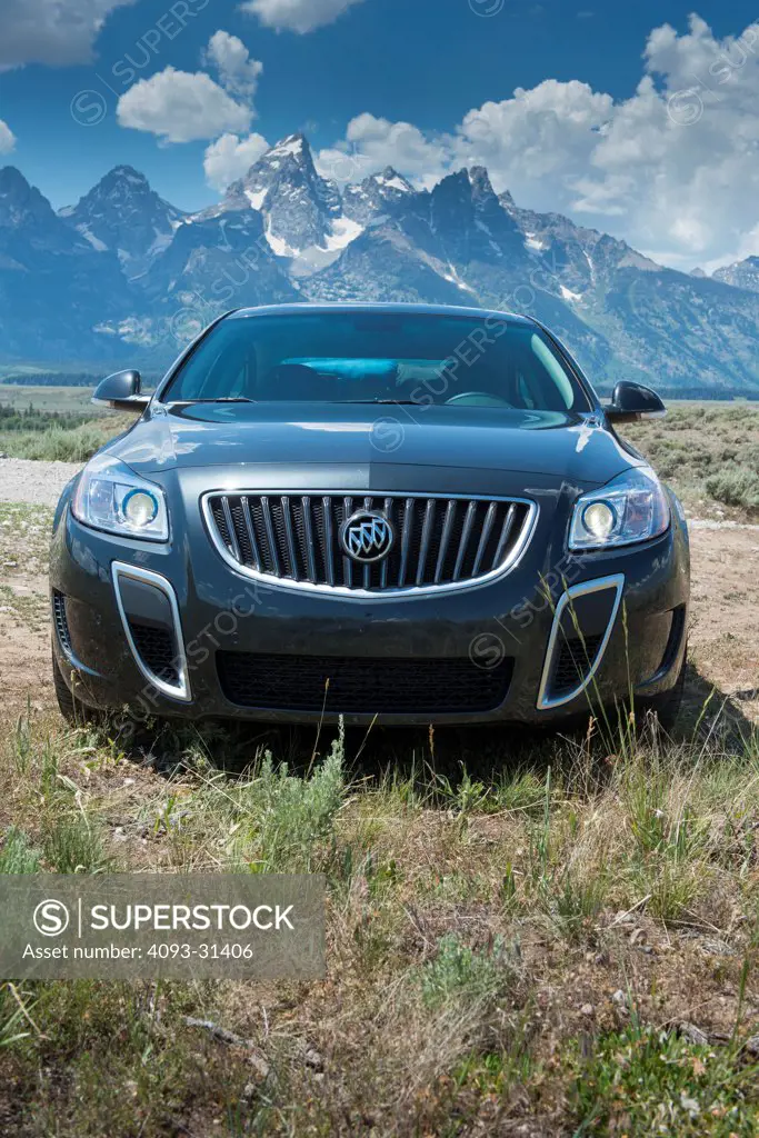 Straight on front view of a 2012 Buick Regal parked in a rural area with mountains in the backgrounds.
