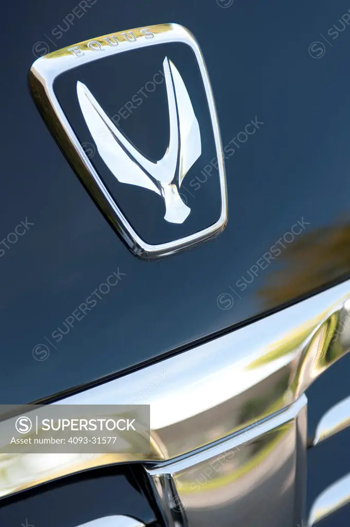 Detail view of the badge of a 2012 Hyundai Equus