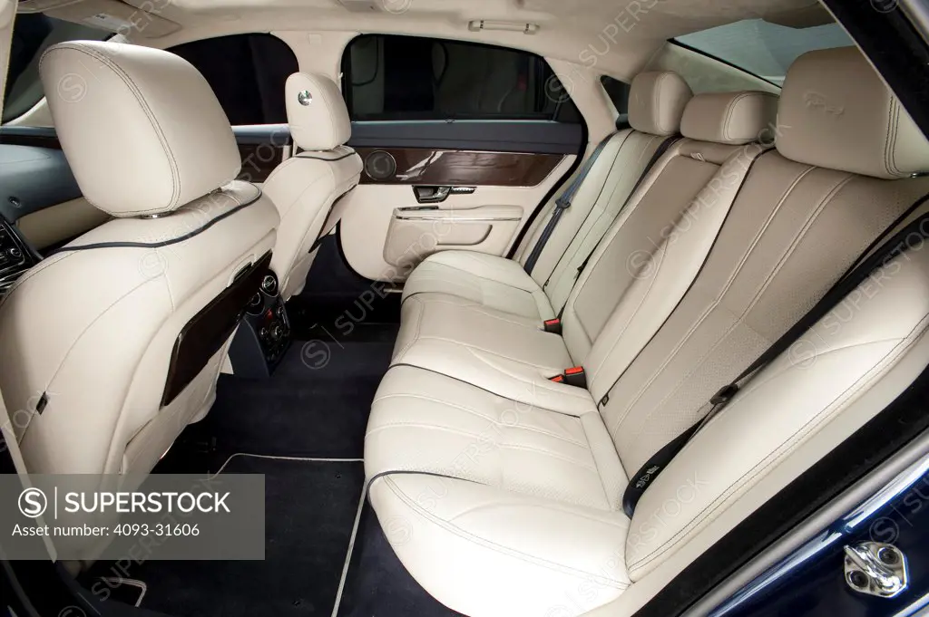 Driver's side view of the back seats of the interior of a 2012 Jaguar XJL