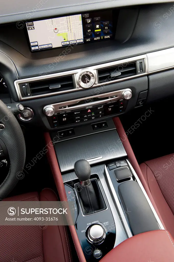Interior Detail of a the Nav screen, shifter and stereo of a 2012 Lexus GS 350 F Sport