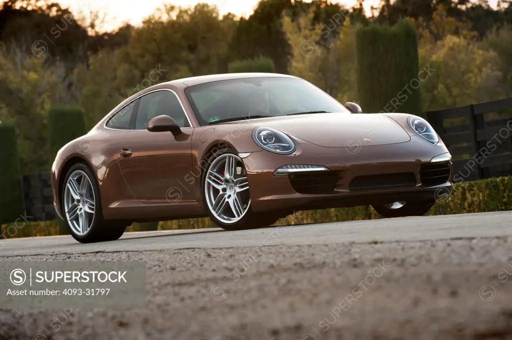 Front 3/4 view of a brown 2012 Porsche 911 Carrera S, platform number 991, parked along a rural road.
