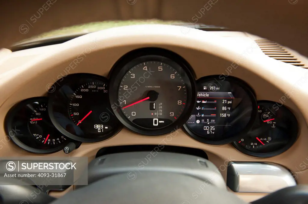 Detail view of the interior of a 2012 Porsche 911 Carrera S. Porsche platform number 991 showing the instrument cluster with gauges.