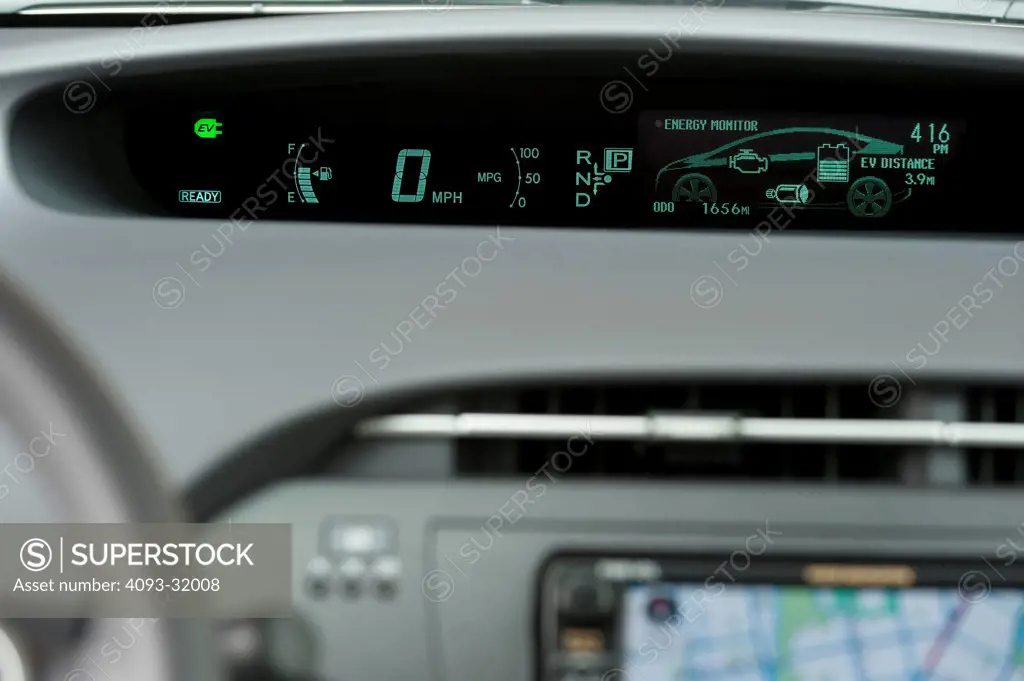 Detail of the dashboard status monitor of a 2012 Toyota Plug-In Prius